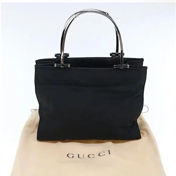 Gucci Nylon black bag with Gunmetal Silver handles 002-1025 200682 EUC - Picture 1 of 16